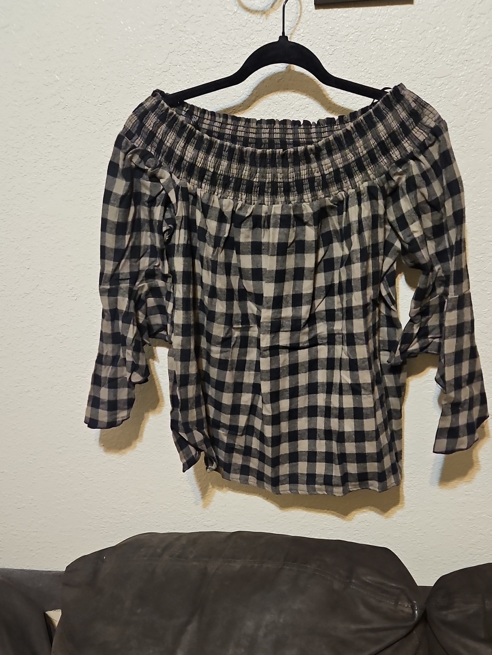 love J Black and Gray Gingham Off-the-Shoulder Blouse